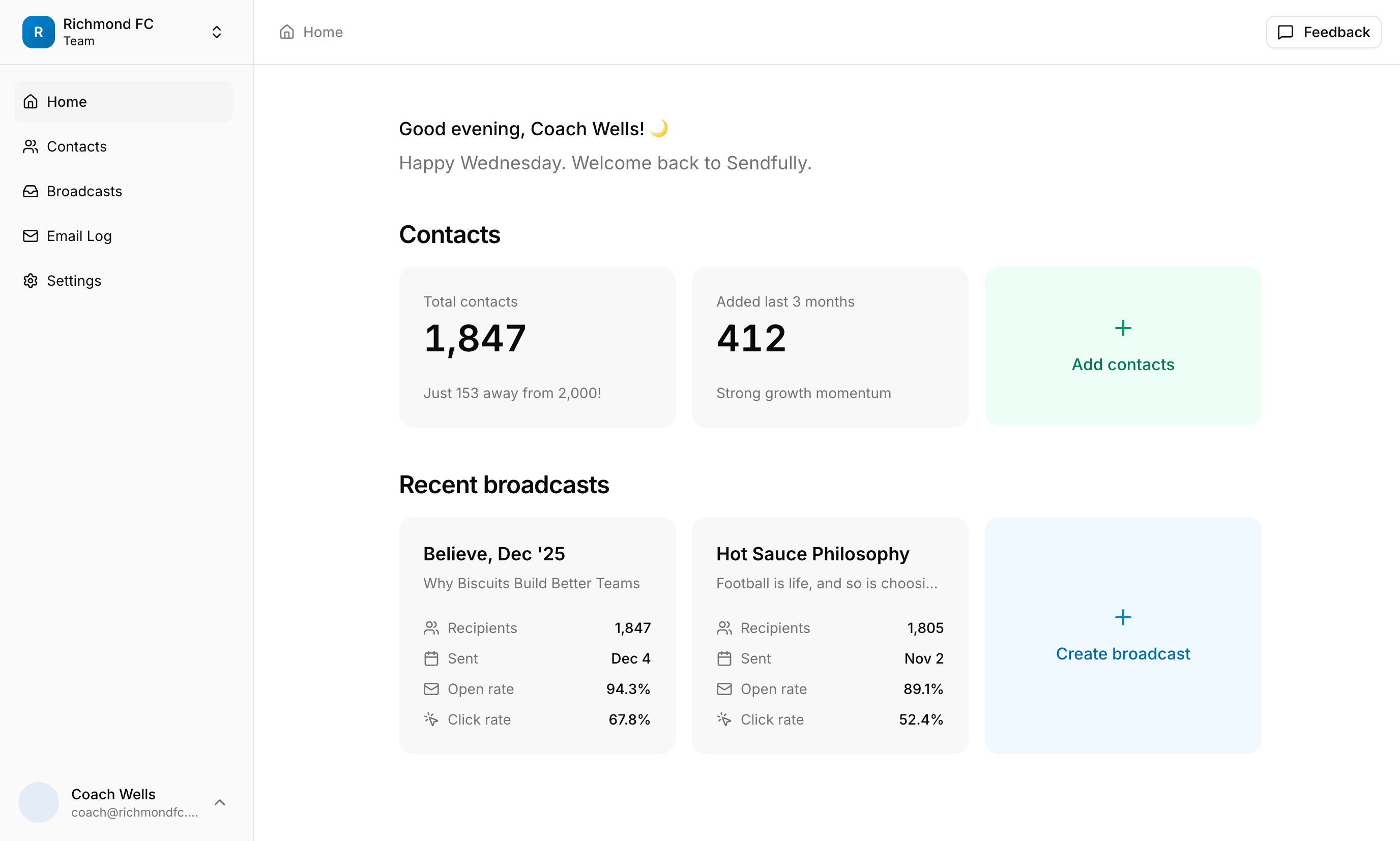 Sendfully dashboard showing contacts and broadcast management