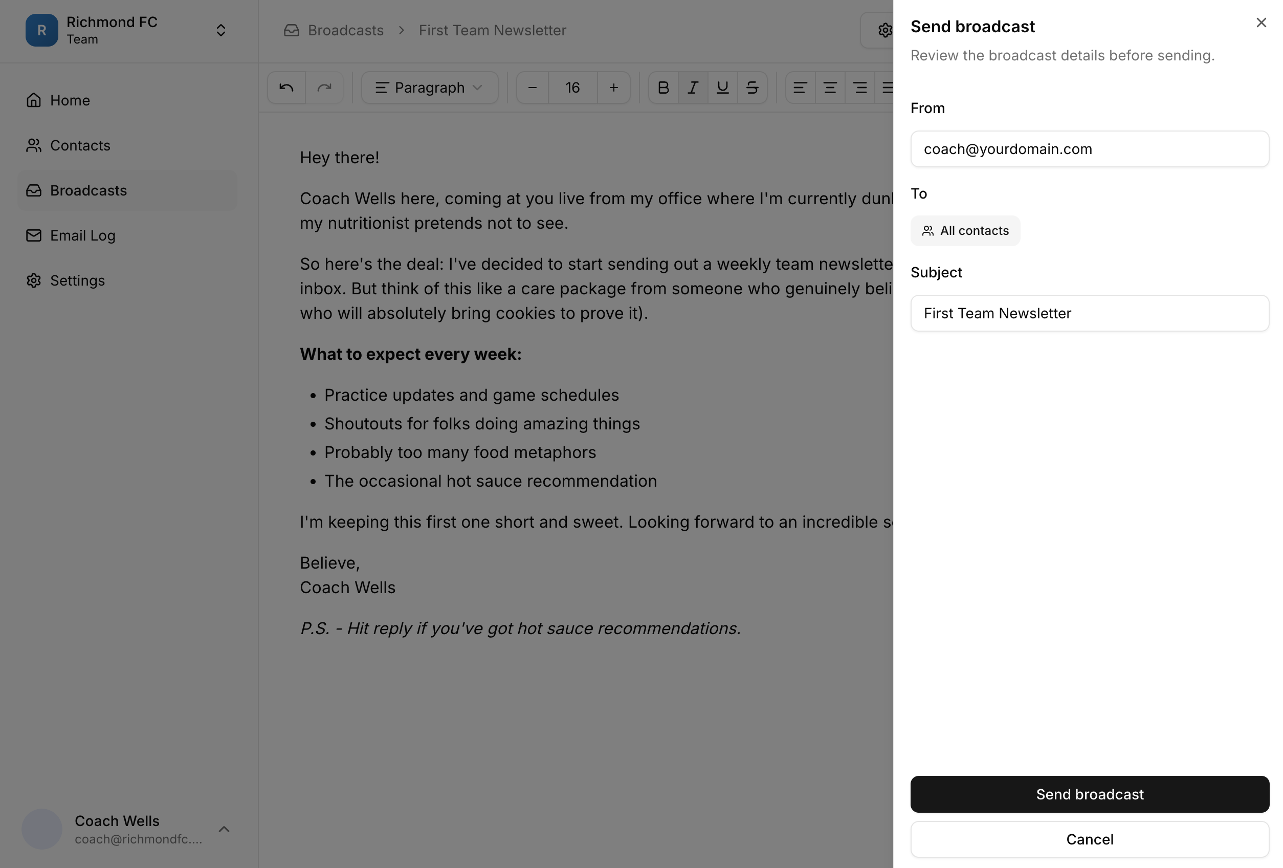 Send broadcast dialog
